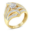 10K Yellow Gold Flashed .925 Sterling Silver 1-1/8 Cttw Round & Baguette Diamond 'Flower & Fern' Cluster Cocktail Fashion