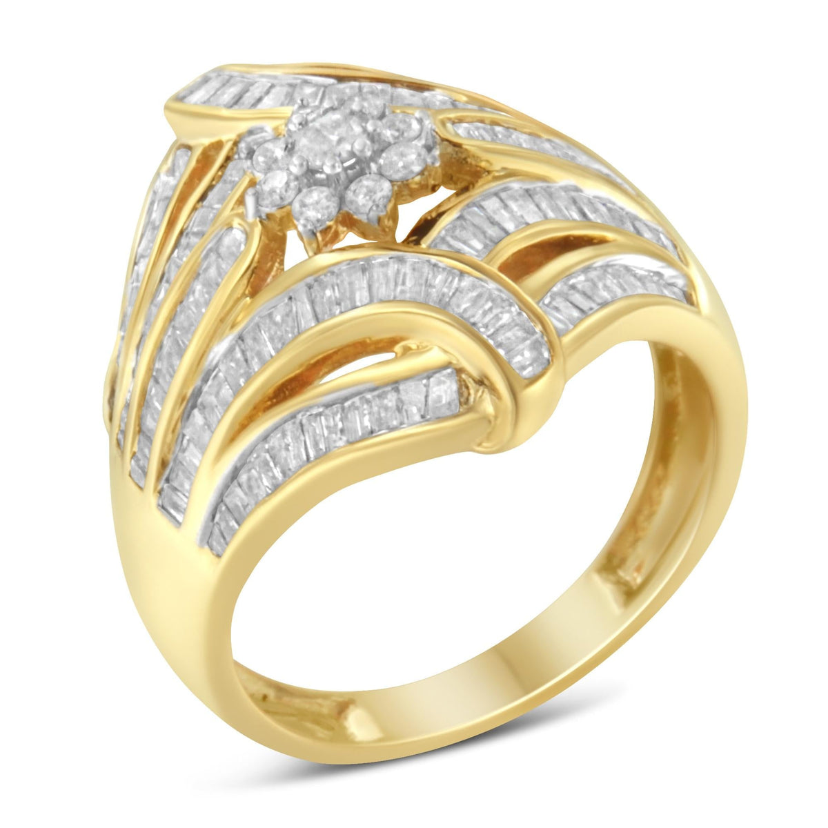 10K Yellow Gold Flashed .925 Sterling Silver 1-1/8 Cttw Round & Baguette Diamond 'Flower & Fern' Cluster Cocktail Fashion