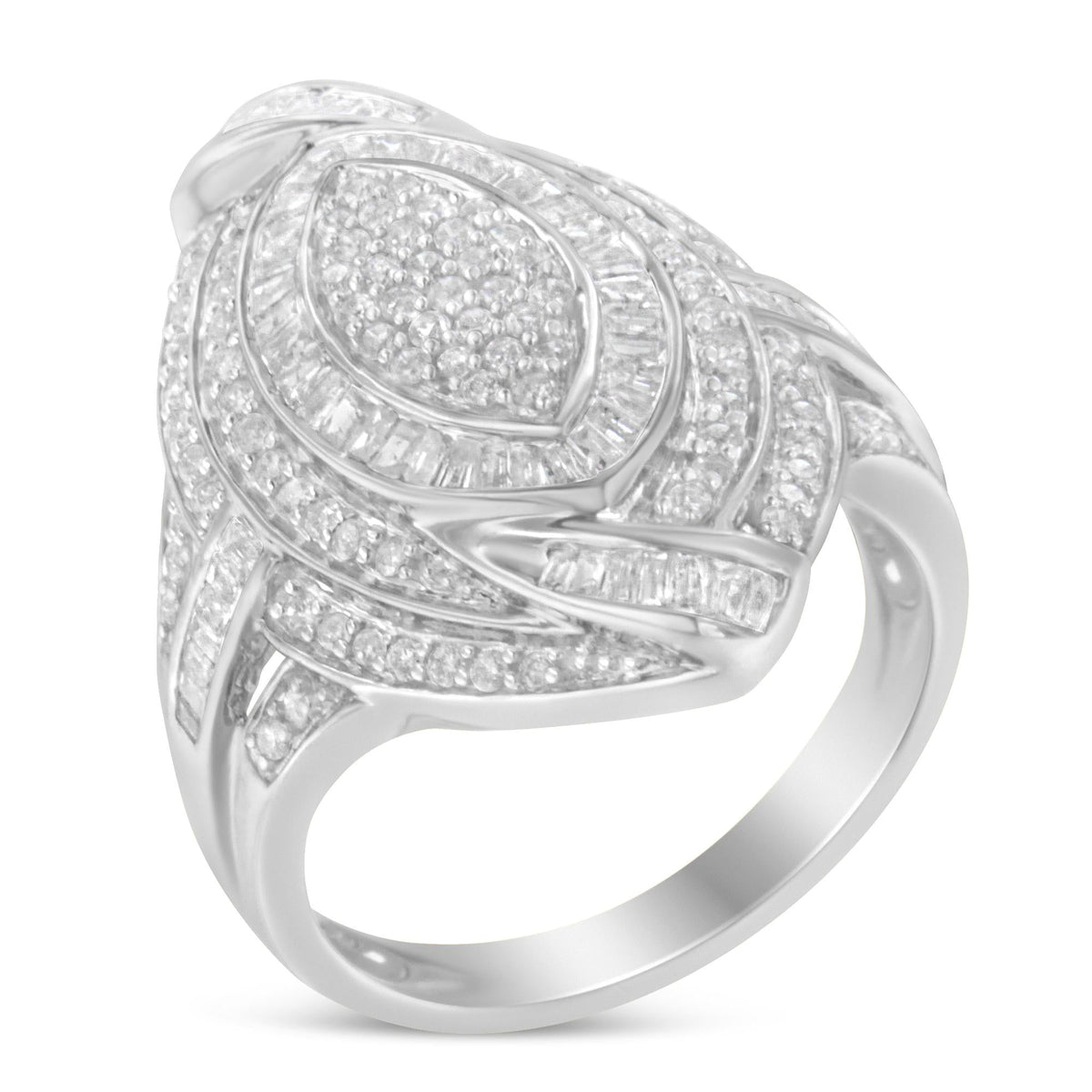 .925 Sterling Silver & 1-1/8 Cttw Diamond Marquise Shaped Cluster Triple Halo Knot Cocktail Fashion Ring (I-J Color, I2-I3