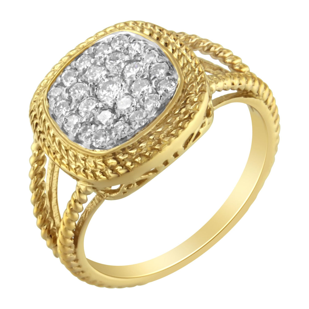 10K Yellow Gold Plated .925 Sterling Silver 1/2 Cttw Diamond Square Cushion Cluster Split Shank Cocktail Ring (J-K Color
