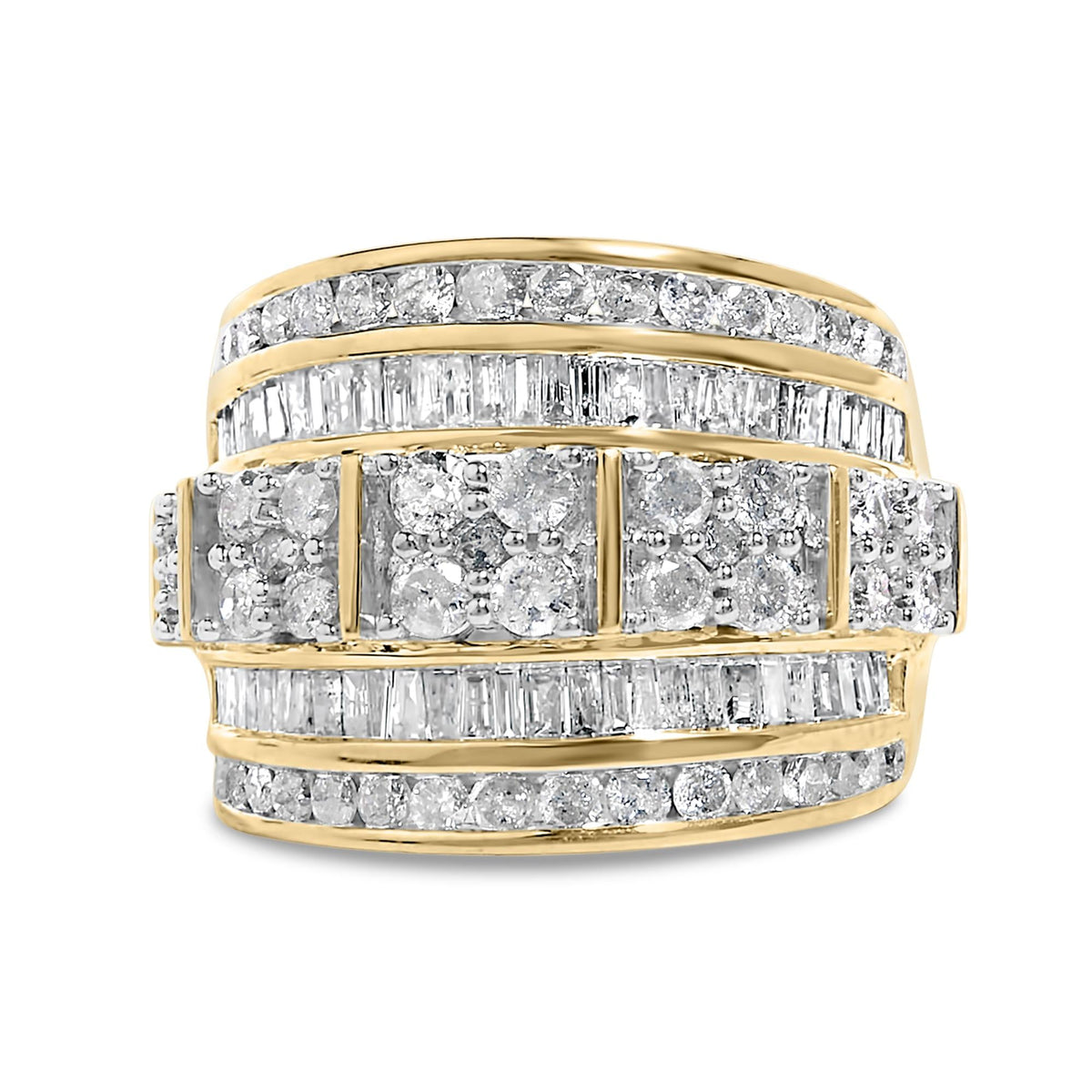 .925 Sterling Silver 2.0 Cttw Round & Baguette Cut Diamond Multi-Row Channel Set Tapered Cocktail Fashion Ring (I-J Color, I3