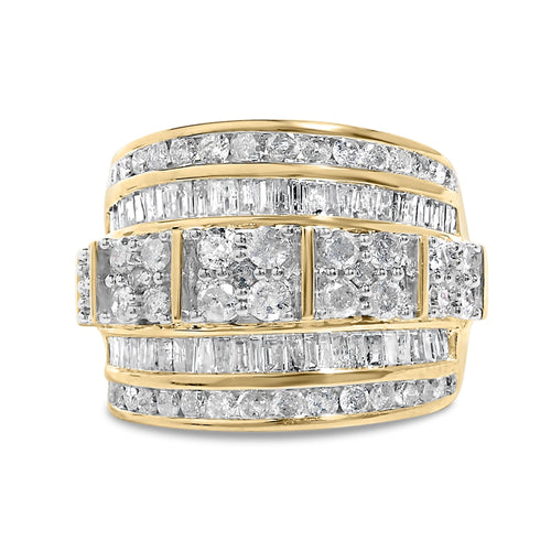 .925 Sterling Silver 2.0 Cttw Round & Baguette Cut Diamond Multi-Row Channel Set Tapered Cocktail Fashion Ring (I-J Color, I3 Clarity)