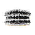 14K Yellow Gold Plated .925 Sterling Silver 1 3/4 Cttw Treated Black and White Alternating Diamond Multi Row Band Ring (Black