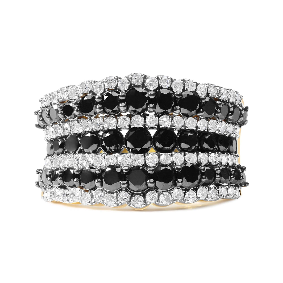 14K Yellow Gold Plated .925 Sterling Silver 1 3/4 Cttw Treated Black and White Alternating Diamond Multi Row Band Ring (Black