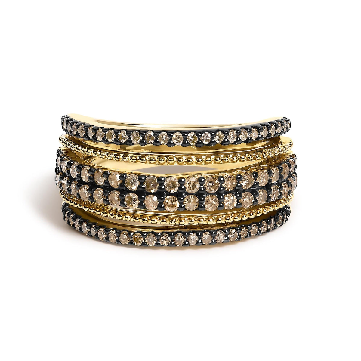 10K Yellow Gold Plated Sterling Silver 1.00 Cttw Champagne Diamond Multi Layer Band Ring
