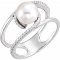 14K White Gold Cultured White Freshwater Pearl & 1/8 CTW Natural Diamond Ring