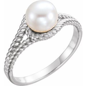 Sterling Silver Cultured White Freshwater Pearl Rope Ring