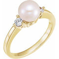 14K Yellow Gold Cultured White Akoya Pearl & 1/6 CTW Natural Diamond Ring