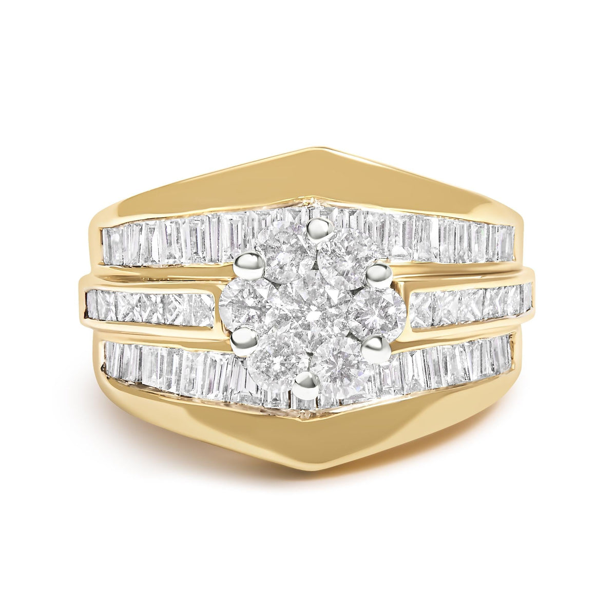 14K Yellow Gold 2-1/3 Cttw Diamond Cluster Channel Set Chevron Shaped Band Engagement Ring & Wedding Band Set (H-I Color