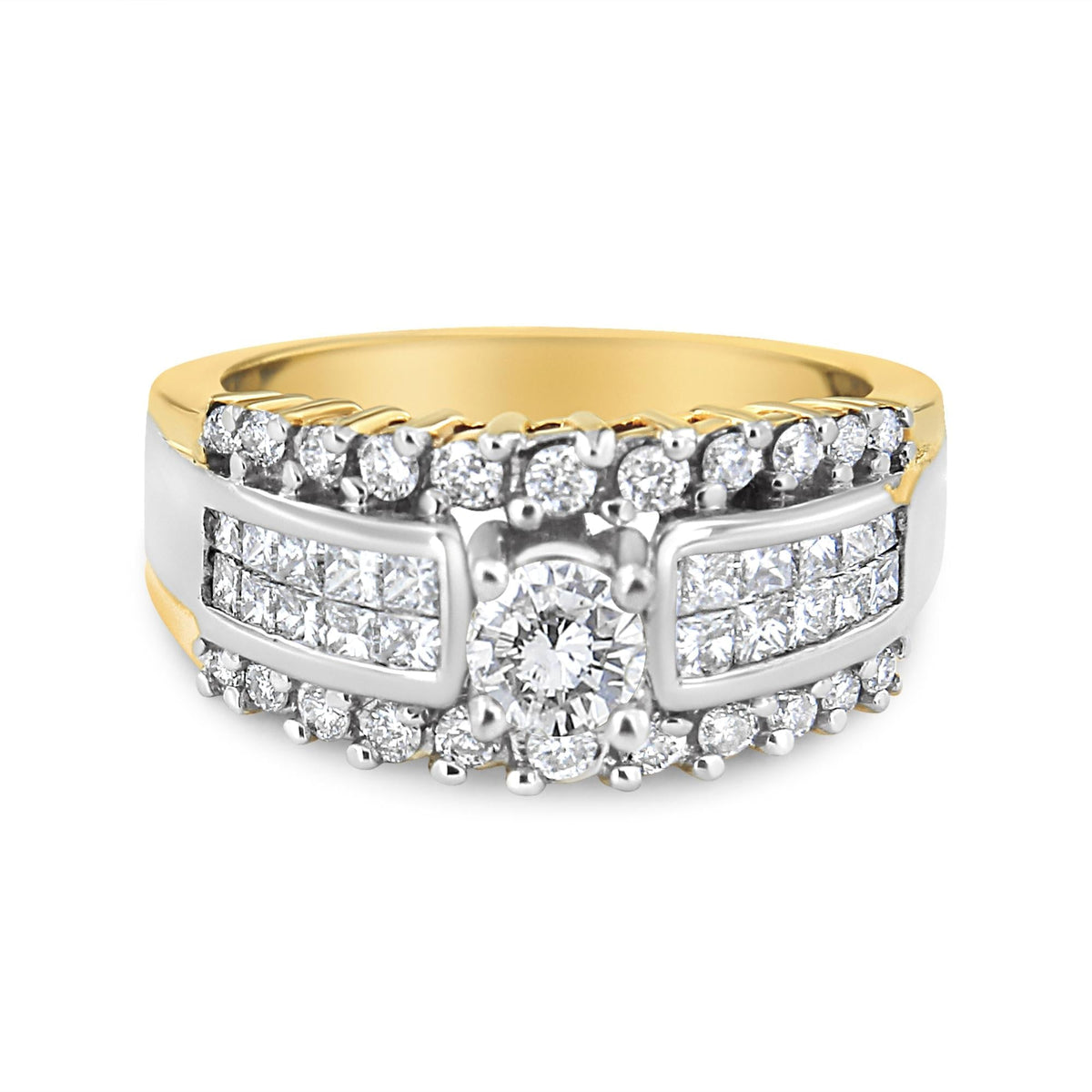 14K Yellow and White Gold 1 1/2 Cttw Round and Princess-Cut Diamond Band Ring