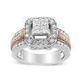 14K White and Rose Gold 1 1/8 Cttw Princess and Round-Cut Diamond Art Deco Style Triple Shank Halo Cocktail Ring (I-J Color