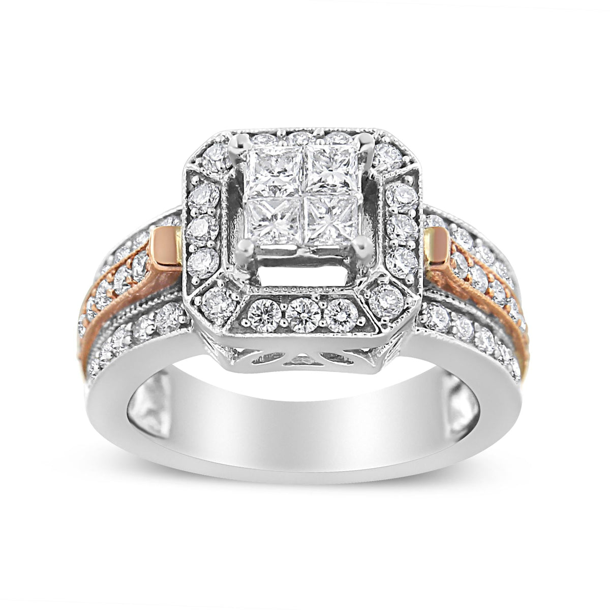 14K White and Rose Gold 1 1/8 Cttw Princess and Round-Cut Diamond Art Deco Style Triple Shank Halo Cocktail Ring (I-J Color