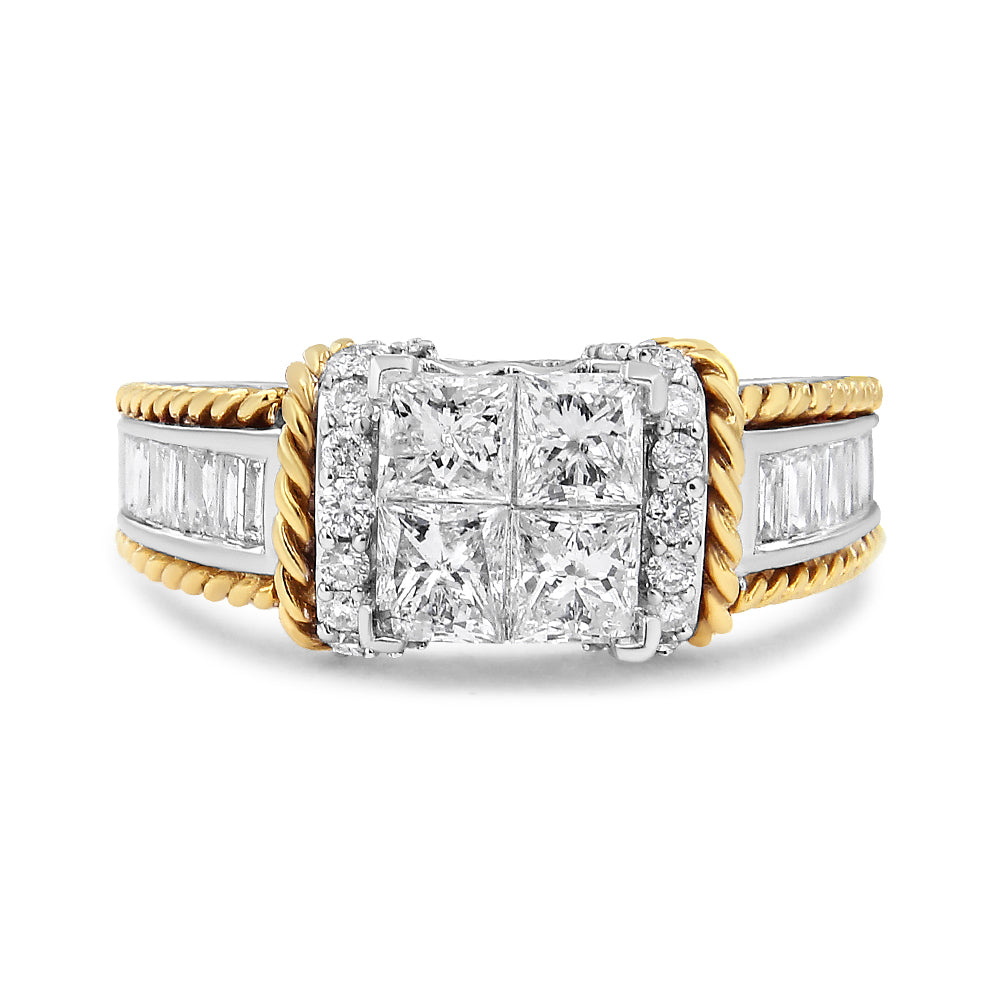 14K White and Yellow Gold 1 1/2 Cttw Invisible Set Princess-Cut Diamond Quad Style Engagement Ring (H-I Color, SI2-I1