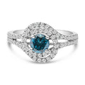 14K White Gold 1-1/3 Cttw White & Blue Diamond Interweaving Double Halo Cocktail Statement Ring (G-H and Fancy Blue Color