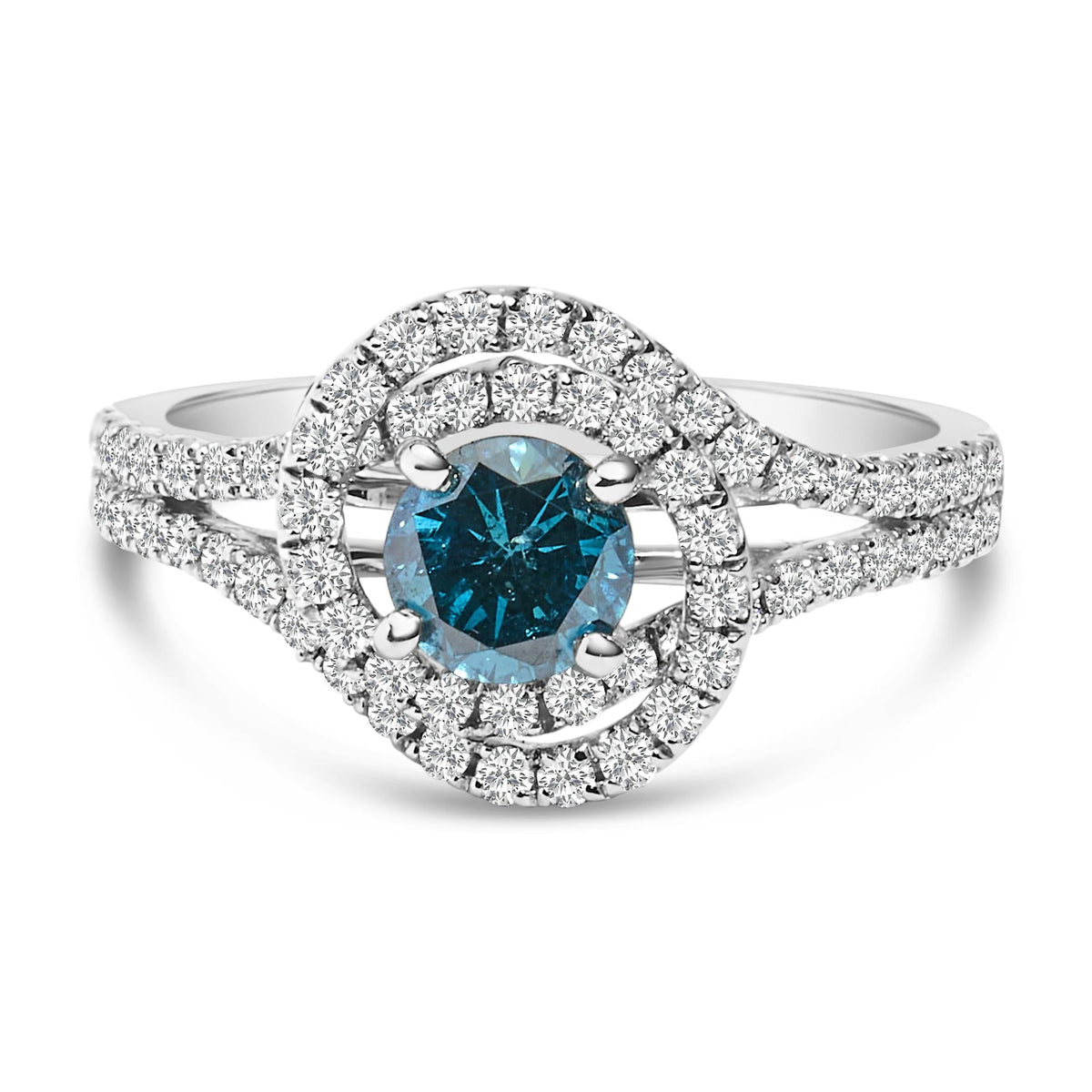 14K White Gold 1-1/3 Cttw White & Blue Diamond Interweaving Double Halo Cocktail Statement Ring (G-H and Fancy Blue Color