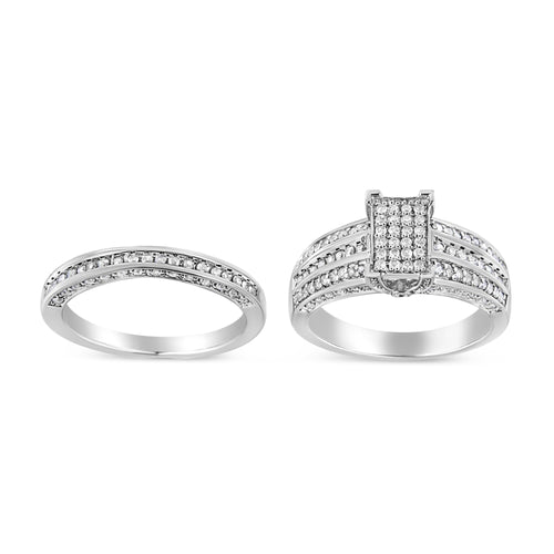 Conjunto de anillo de compromiso y alianza de plata esterlina .925 con diamantes redondos en engaste de garras (peso total de 3/4 quilates, color I-J, claridad I3)