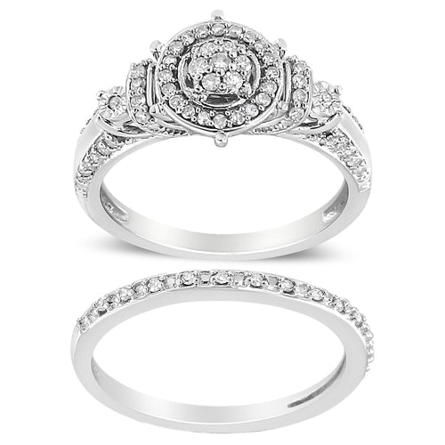 Conjunto de anillo de compromiso y alianza de boda en plata de ley .925 con diamantes de 1/3 quilate de peso total, diseño de racimo de 7 piedras con halo (color I-J, claridad I1-I2)
