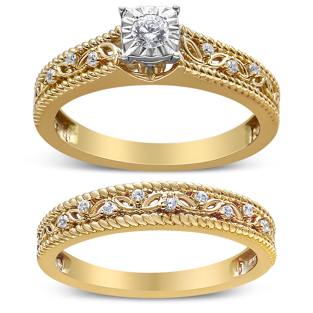 14K Yellow Gold Plated .925 Sterling Silver 1/5 Cttw Diamond Art Deco Style Engagement Ring Bridal Set (I-J Color, I3