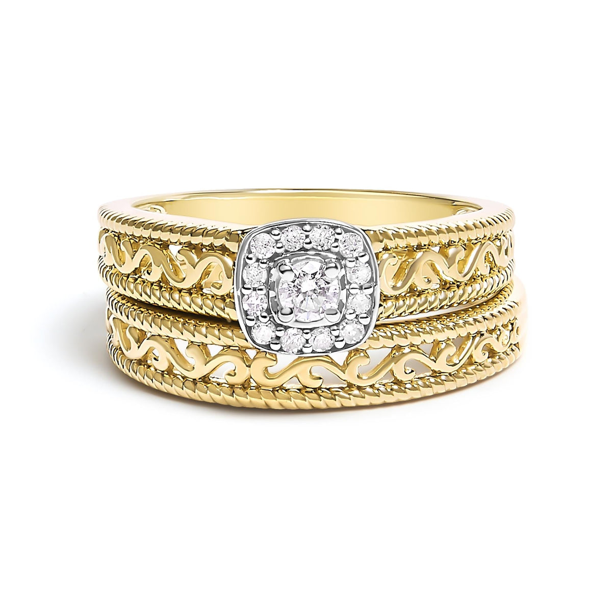 14K Yellow Gold Plated .925 Sterling Silver 1/5 Cttw Diamond Halo and Milgrain Finish Engagement Ring Bridal Set (I-J Color