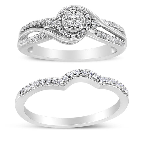 Conjunto nupcial de anillo y banda de plata de ley .925 con marco de diamantes compuestos de 1/3 Cttw de peso total (color I-J, claridad I2-I3)