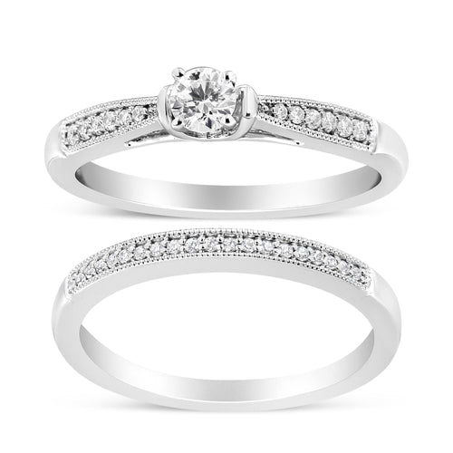 Conjunto nupcial clásico de anillo de compromiso de plata de ley .925 con diamantes de 1/3 Cttw. en total y milgrain (color I-J, claridad I3)