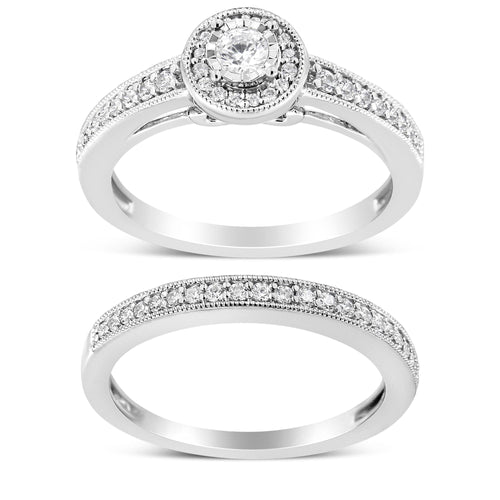 Conjunto de compromiso de plata de ley .925 con anillo de diamantes en halo y milgrain de 1/2 quilate total (color I-J, claridad I3)