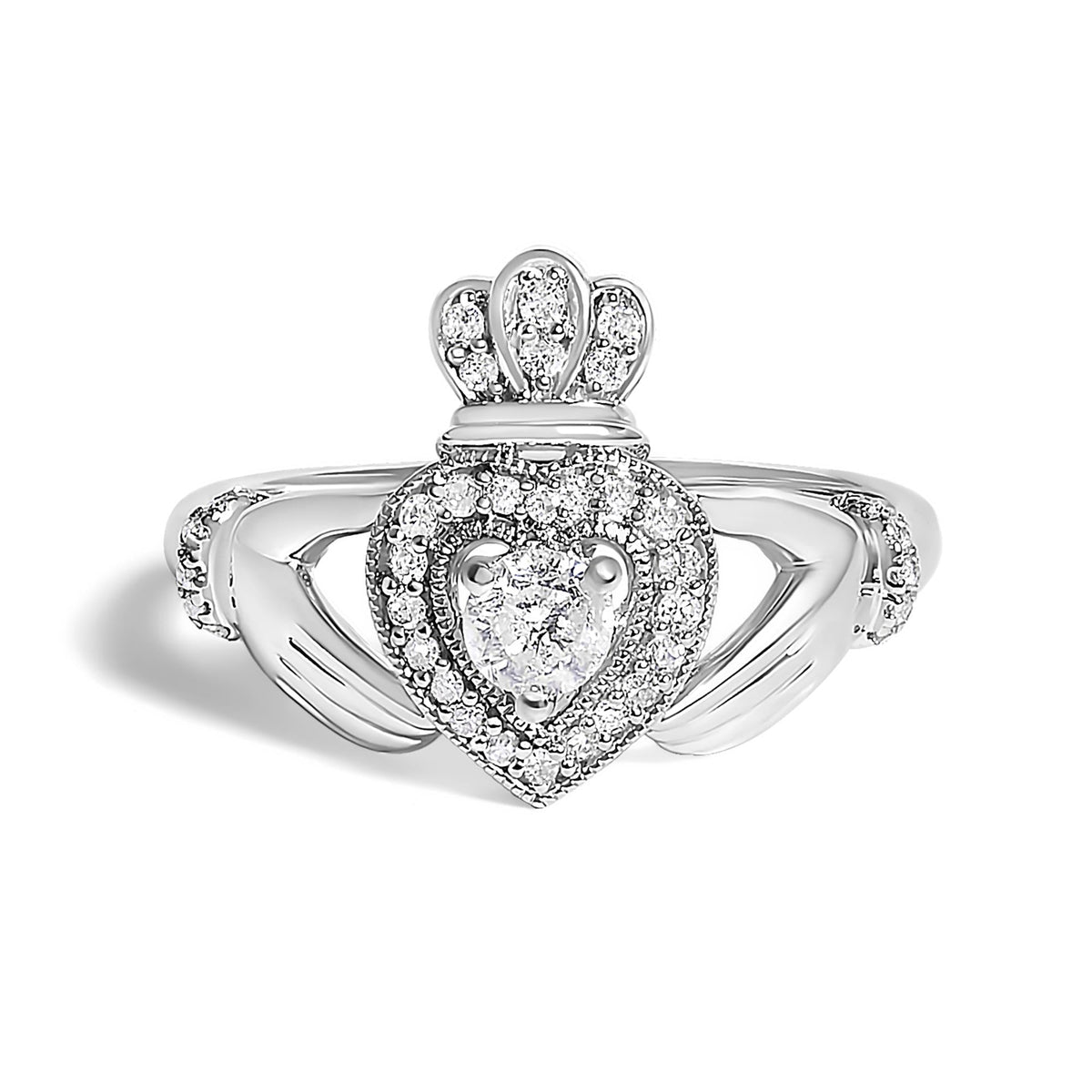 14K White Gold 3/8 Cttw Diamond Claddagh Heart Ring