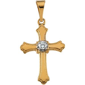 14K Yellow Gold .03 CT Natural Diamond Cross Pendant