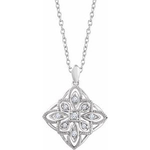 14K White Gold  1/10 CTW Natural Diamond Granulated Filigree 16-18" Necklace