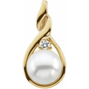 14K Yellow Gold Cultured White Akoya Pearl & .03 CT Natural Diamond Freeform Pendant