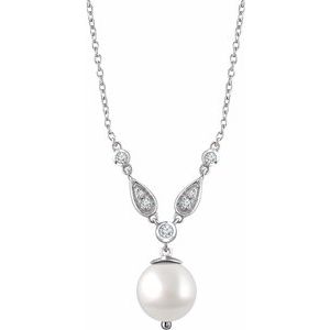 14K White Gold Cultured White Freshwater Pearl & 1/6 CTW Natural Diamond 16-18" Necklace