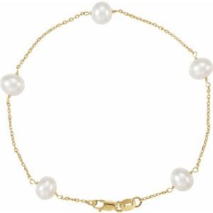 14K Yellow Gold Cultured White Freshwater Pearl 5-Station 7" Bracelet