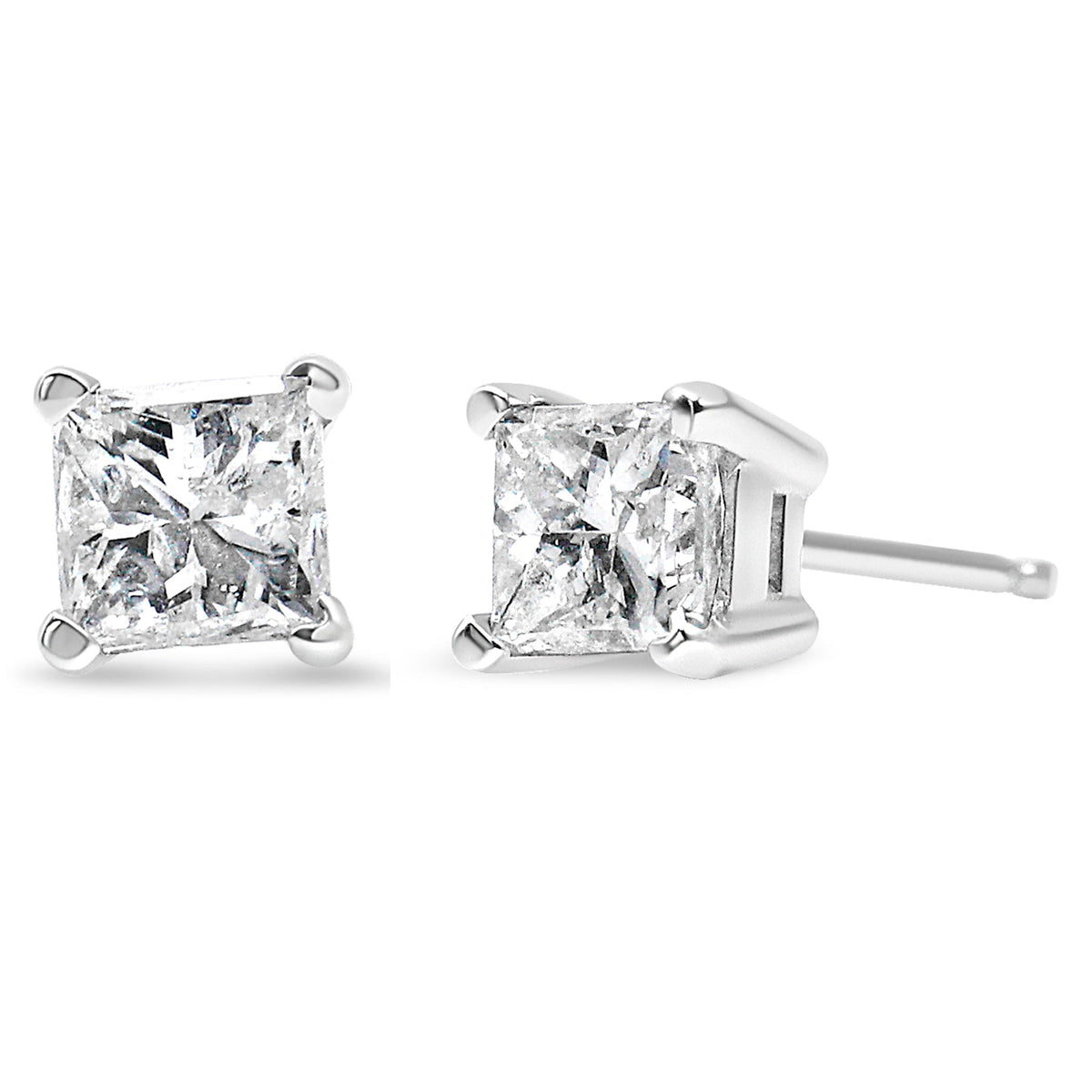 AGS Certified 18K White Gold 1.0 Cttw 4-Prong Set Princess-Cut Solitaire Diamond Screw Back Stud Earrings (E-F Color, SI2-I1