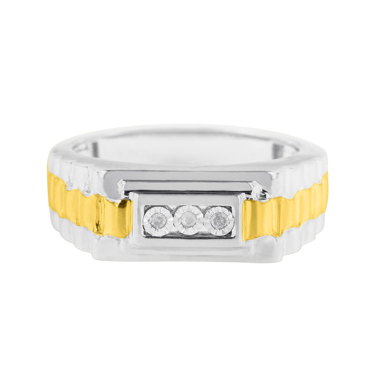 10K Yellow Gold Plated .925 Sterling Silver Diamond Accent Miracle-Set 3 Stone Ridged Band Gentlemen's Fashion Ring (I-J