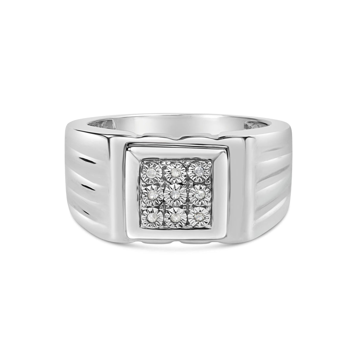 .925 Sterling Silver Diamond Accent Miracle-Set 9 Stone Ridged Band Gentlemen's Fashion Ring (I-J Color, I3 Clarity) - Size