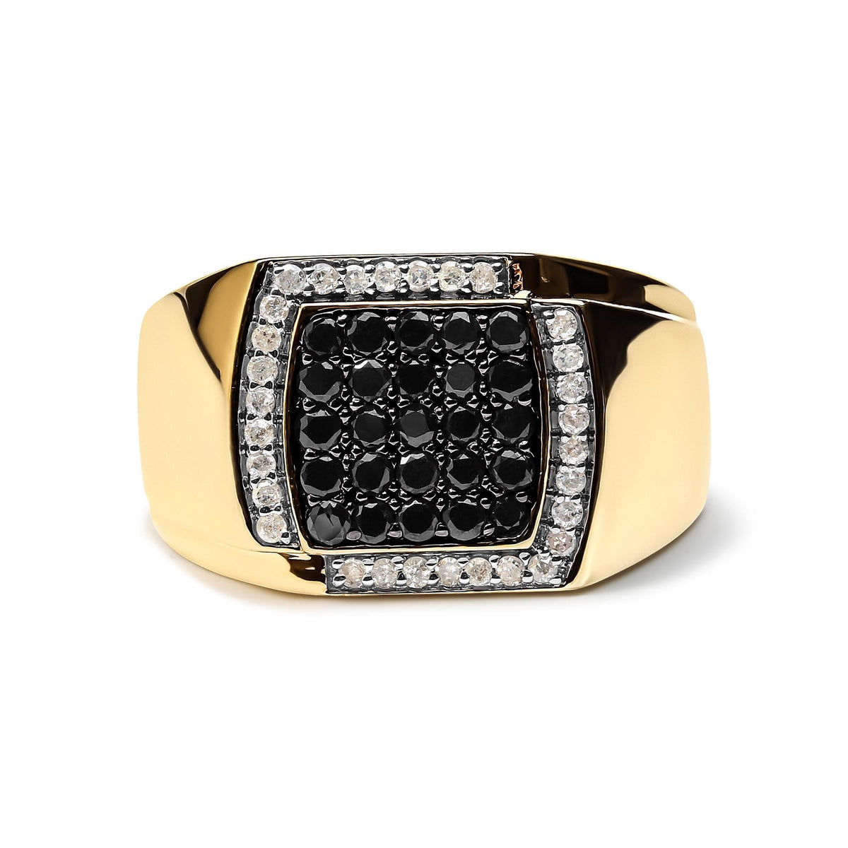Men's 10K Yellow Gold 1.00 Cttw Cushion Cluster Black and White Diamond Statement Ring (I-J Color, I2-I3 Clarity)