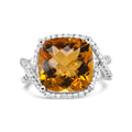 14K White Gold 12mm Cushion Cut Yellow Citrine Gemstone and 1/3 Cttw Round Pave-Set Diamond Ring - (H-I Color, VS1-VS2