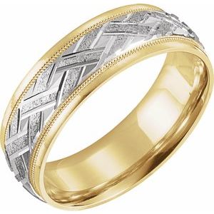 14K Yellow/White/Yellow Gold 7 mm Milgrain Woven-Design Comfort-Fit Half Round Band Size 11.5
