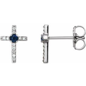 14K White Gold Natural Blue Sapphire & .05 CTW Natural Diamond Cross Earrings
