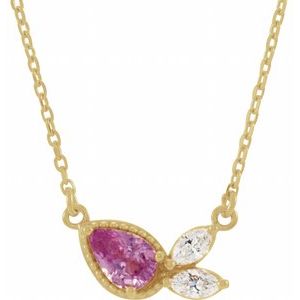 14K Yellow Gold Natural Pink Sapphire & 1/6 CTW Natural Diamond 18" Necklace