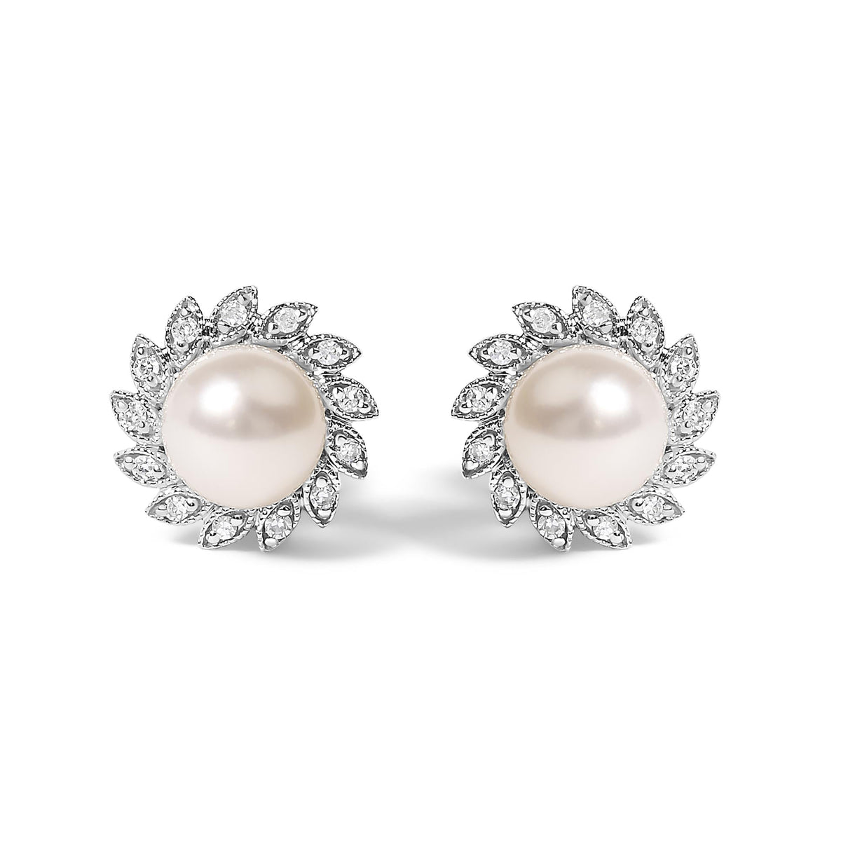 10K White Gold Heirloom-Style Pearl and Diamond Accent Halo Stud Earrings (I-J color, I1-I2 Clarity)
