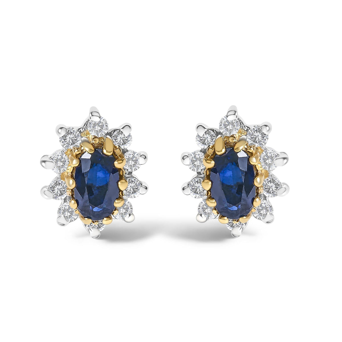 14K Yellow Gold 1/4 Cttw Diamond and Blue Sapphire Sunburst Halo Stud Earrings (K-L Color, I1-I2 Clarity)