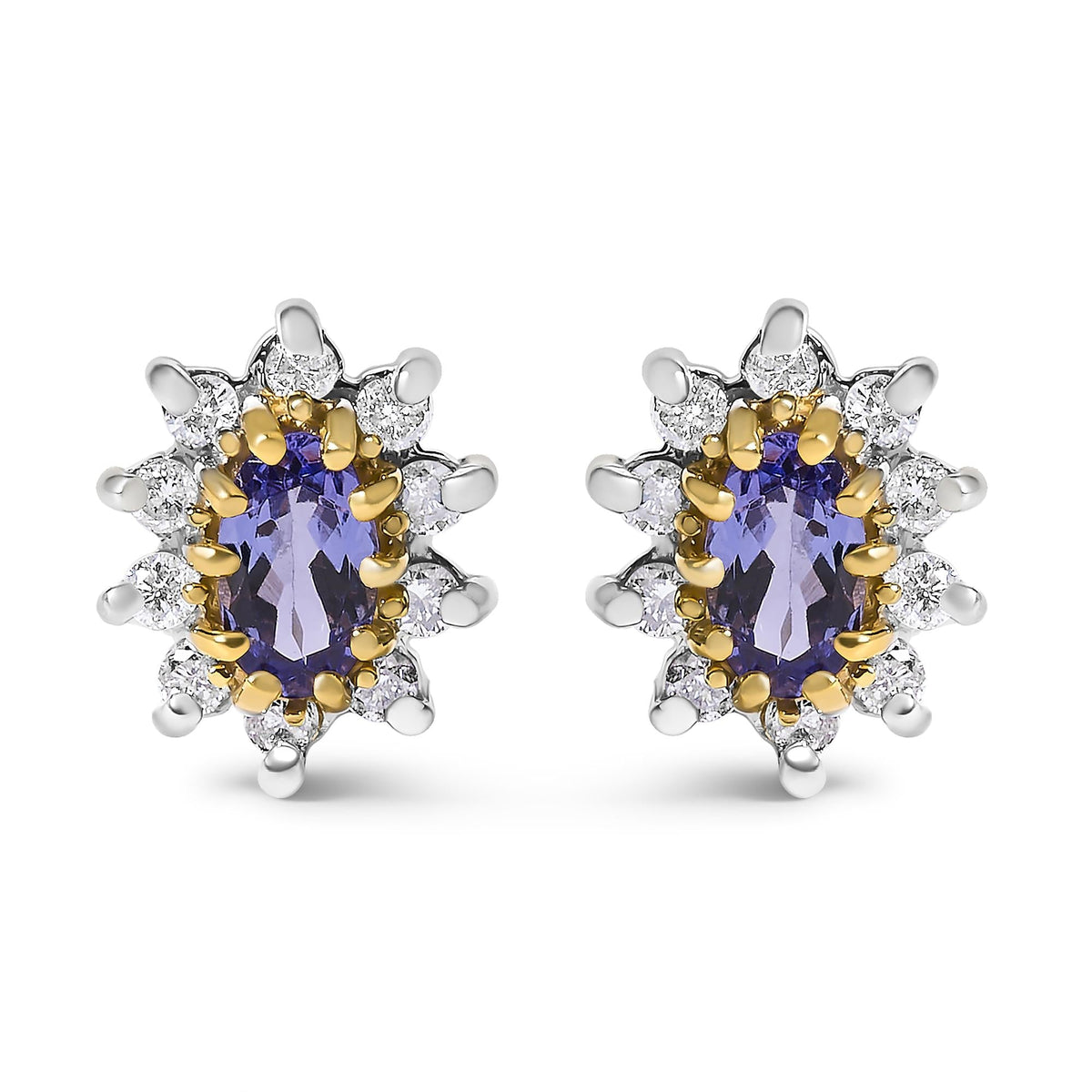 14K Yellow Gold 1/4 Cttw Diamond and Blue Purple Tanzanite Sunburst Halo Stud Earrings (K-L Color, I1-I2 Clarity)