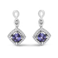 10K White Gold Blue Purple Tanzanite and Diamond Halo Cushion Shaped Drop Earrings (I-J Color, I1-I2 Clarity)