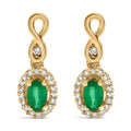10K Yellow Gold Oval Cut Green Emerald 5x3 mm and 1/7 Cttw Round Diamond Dangle Earrings