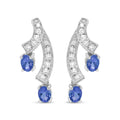 14K White Gold 4x3MM Oval Shaped Natural Blue Tanzanite Gemstone and 1/5 Cttw Diamond Double 3/4" Inch Drop Stud Earrings
