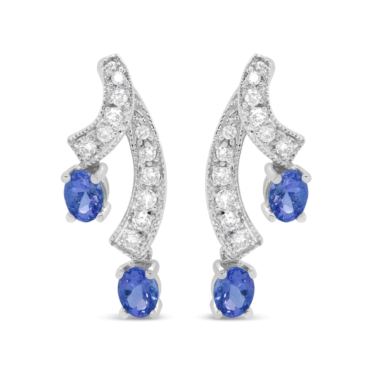 14K White Gold 4x3MM Oval Shaped Natural Blue Tanzanite Gemstone and 1/5 Cttw Diamond Double 3/4" Inch Drop Stud Earrings