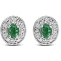14K White Gold Oval Green Emerald and 1/10 Cttw Diamond Halo Stud Earrings (I-J Color, I1-I2 Clarity)
