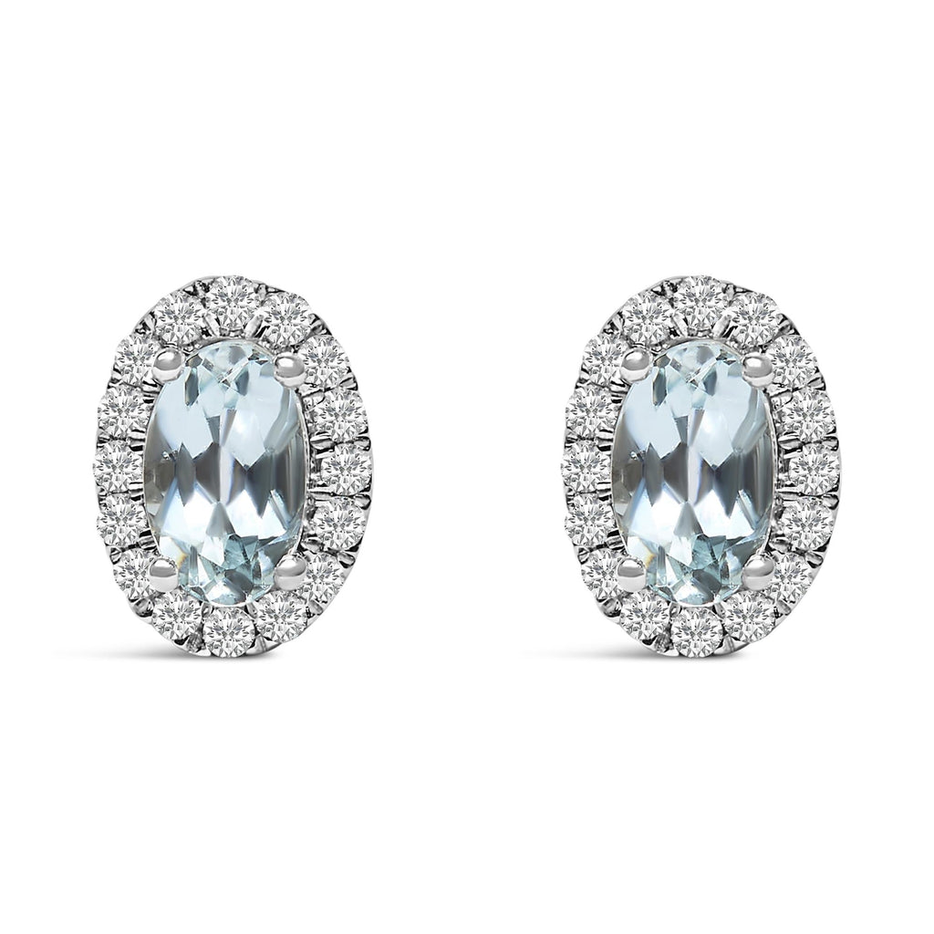 10K White Gold 5x3 MM Oval Cut Birthstone and Diamond Halo Stud Earrings (I-J Color, I1-I2 Clarity)