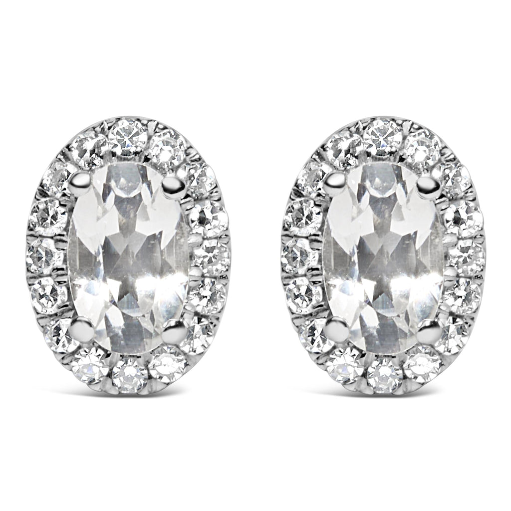 10K White Gold 5x3 MM Oval Cut Birthstone and Diamond Halo Stud Earrings (I-J Color, I1-I2 Clarity)